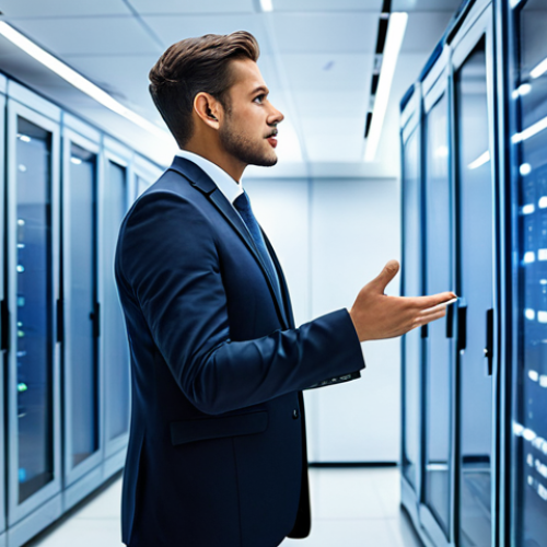 A professional male business executive in a crisp, modest business suit, standing in a sleek, modern data control center. He is confidently gesturing towards a large holographic display that visualizes interconnected e-commerce platforms and real-time synchronized product data. The background features organized server racks with subtle digital light streams, emphasizing efficiency and digital management. Professional photography, soft, diffused lighting, high detail, clean aesthetic. Perfect anatomy, correct proportions, natural pose, well-formed hands, proper finger count, natural body proportions. Fully clothed, modest clothing, appropriate attire, professional dress, safe for work, appropriate content, family-friendly.