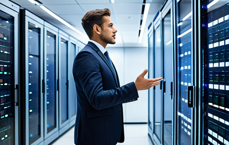 A professional male business executive in a crisp, modest business suit, standing in a sleek, modern data control center. He is confidently gesturing towards a large holographic display that visualizes interconnected e-commerce platforms and real-time synchronized product data. The background features organized server racks with subtle digital light streams, emphasizing efficiency and digital management. Professional photography, soft, diffused lighting, high detail, clean aesthetic. Perfect anatomy, correct proportions, natural pose, well-formed hands, proper finger count, natural body proportions. Fully clothed, modest clothing, appropriate attire, professional dress, safe for work, appropriate content, family-friendly.