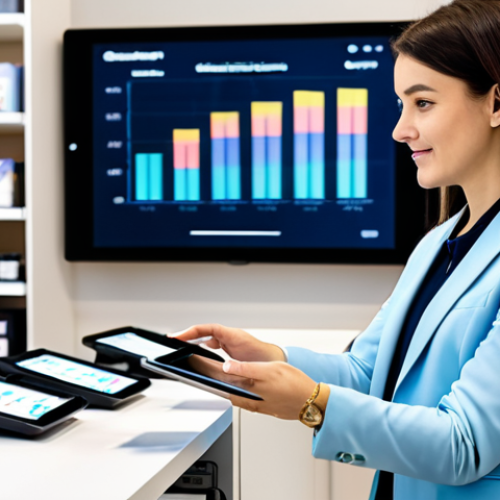 A professional female retail store manager in a modest business suit, standing confidently in a modern, well-lit retail store. She is looking at a tablet displaying colorful data analytics dashboards with charts and graphs, representing customer insights and sales trends. In the background, diverse customers are subtly engaging with omnichannel elements: one is browsing products on a large digital display, another is using a mobile app, and a third is interacting with a friendly staff member at a clean, contemporary point-of-sale counter. The store interior is clean, organized, and inviting. Professional photography, high resolution, soft lighting, perfect anatomy, correct proportions, natural pose, well-formed hands, proper finger count, natural body proportions, fully clothed, modest clothing, appropriate attire, professional dress, safe for work, appropriate content, professional, family-friendly.