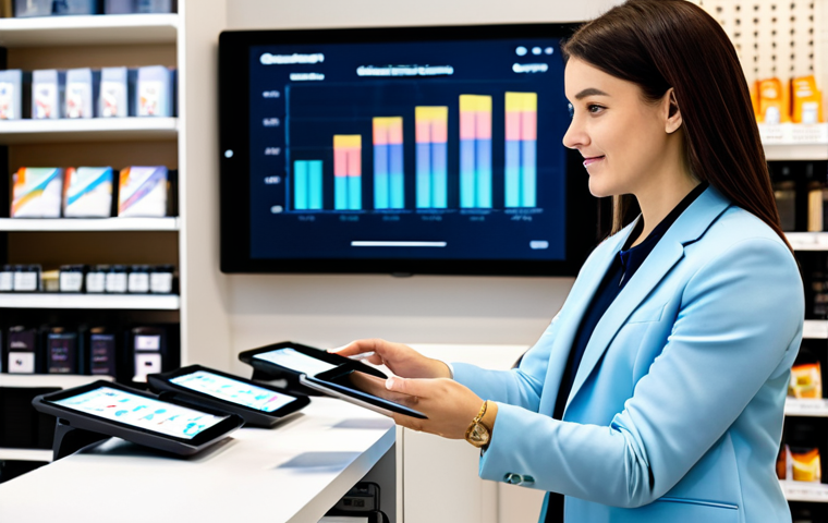 A professional female retail store manager in a modest business suit, standing confidently in a modern, well-lit retail store. She is looking at a tablet displaying colorful data analytics dashboards with charts and graphs, representing customer insights and sales trends. In the background, diverse customers are subtly engaging with omnichannel elements: one is browsing products on a large digital display, another is using a mobile app, and a third is interacting with a friendly staff member at a clean, contemporary point-of-sale counter. The store interior is clean, organized, and inviting. Professional photography, high resolution, soft lighting, perfect anatomy, correct proportions, natural pose, well-formed hands, proper finger count, natural body proportions, fully clothed, modest clothing, appropriate attire, professional dress, safe for work, appropriate content, professional, family-friendly.