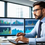 Home 18 쇼핑매니저 자격증 공부 계획 - A professional purchasing manager in a modern office environment, analyzing market data on multiple ...