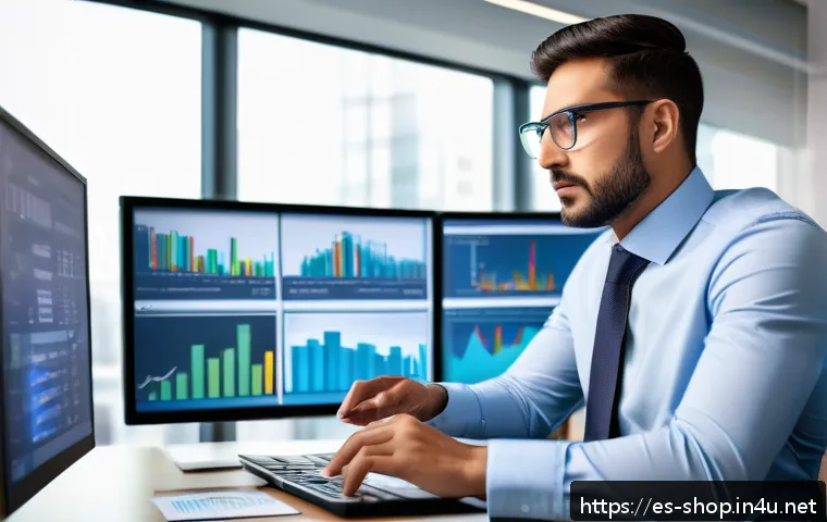 쇼핑매니저 자격증 공부 계획 - A professional purchasing manager in a modern office environment, analyzing market data on multiple ...