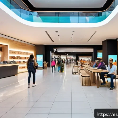 Home 17 쇼핑매니저로 성공하기 위한 팁 - A modern, vibrant shopping mall interior in Spain during the day, featuring diverse customers of var...