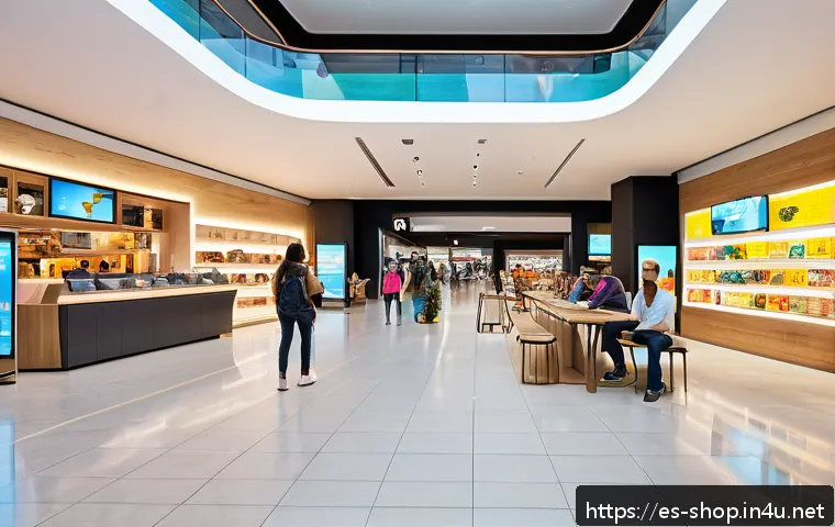 쇼핑매니저로 성공하기 위한 팁 - A modern, vibrant shopping mall interior in Spain during the day, featuring diverse customers of var...